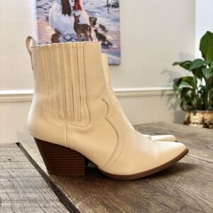 Western Style Ankle Booties Cream Faux Leather Qupid Cowgirl Block Heel Woman 9